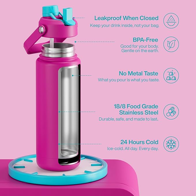 ENCOOL Insulated Water Bottle with Straw Stainless Steel Water Bottle, Leak-Proof, BPA-Free, Double Wall Vacuum Keeps Cold for 24 Hours for Sports, Travel, School (32 oz, Light Crimson)