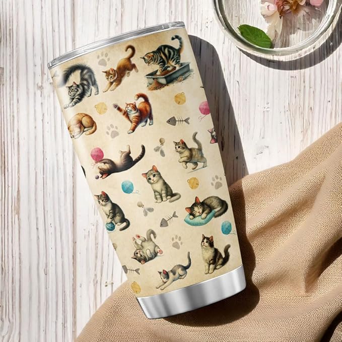 Cute Cat Pattern Travel Mug, 20oz Insulated Stainless Steel Tumbler for Cat Lovers, Double Wall Thermal Cup for Coffee, Tea, Water, and Outdoor Use