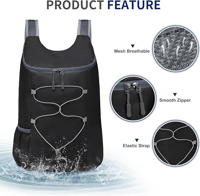 20L Hiking-Daypack Lightweight Foldable Travel Packable Backpack for Camping Cycling Outdoor, Black