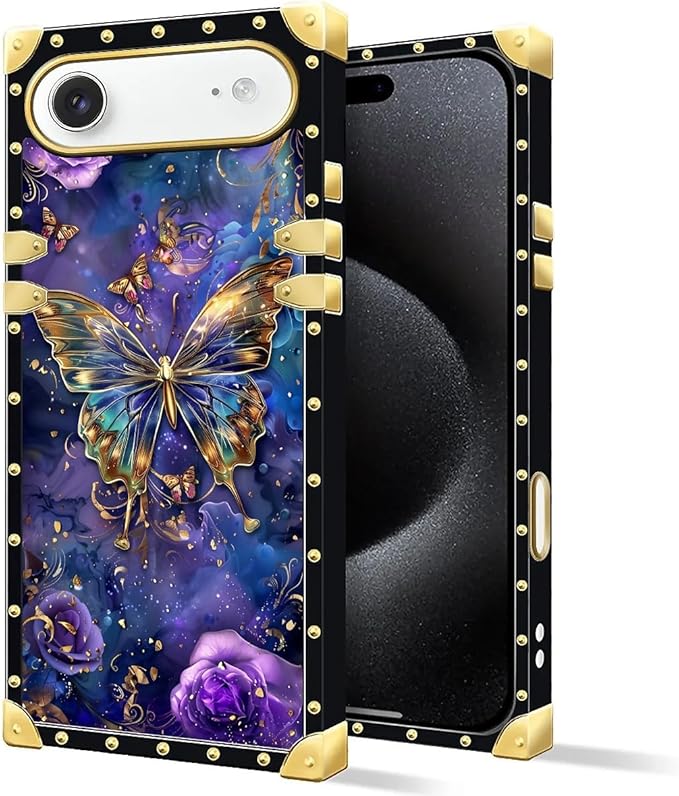 for iPhone 17 Air Case Luxury Golden Decoration for Girl Women Soft TPU Shockproof Protective Hard PC Back for iPhone 17 Air Crazy Pattern Glistening Golden Butterfly Vibrant Purple Blue