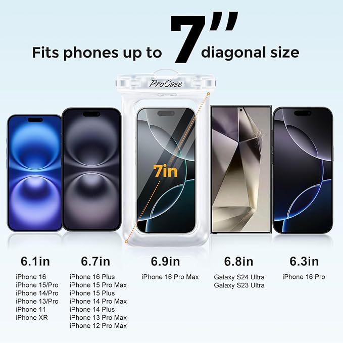 ProCase 2 Pack Floating Waterproof Phone Pouch IPX8, Universal Dry Bag Fits iPhone 17/16/15/14/13 Series, Galaxy S24/S23/S22, Pixel 8/7 (Up to 7”), Touchscreen, Underwater & Snow Protection -Clear