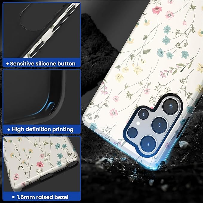 for Samsung Galaxy S25 Ultra Case,HL2 Beige Flower Branch Hybrid 2 Layer Hard Shell Silicone Protective Pattern Design Case