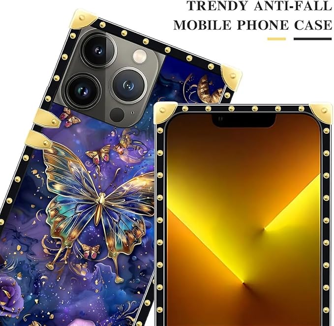 Compatible with iPhone 13 Pro Max Case, Glistening Golden Butterfly Vibrant Purple Blue Luxury Golden Decoration for Girl Women Soft TPU Shockproof Protective Hard PC Back