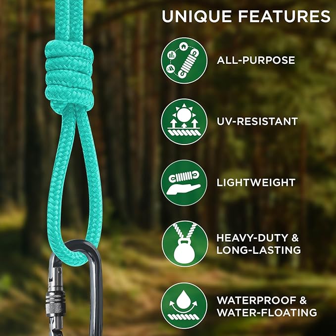 TECEUM Rope – 150 Feet x 1/4 Inch (7mm) – Green Wave – Strong All-Purpose Utility Rope – Camping, Crafting, Flag Pole, Indoor & Outdoor – Polypropylene Nylon Poly Lightweight Diamond Braided Cord