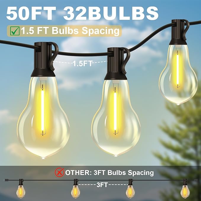 50FT Outdoor String Lights Waterproof with 32+2 Bulbs (1.5FT Bulbs Spacing), Remote & Dimmer, Commercial Patio String Lights with 3 Mode Light & Timing, 50PC Mounting Ties for Outside