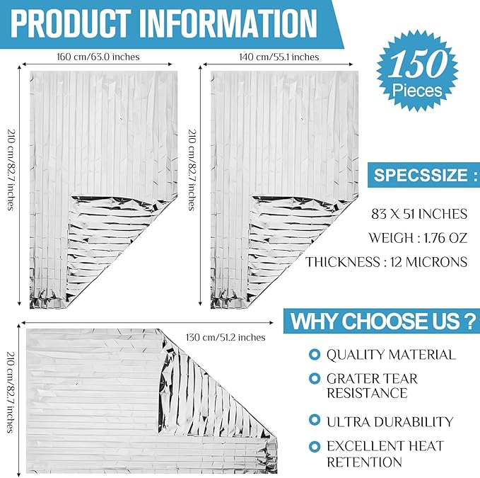 Kanayu 150 Pack 3 Size Safe Emergency Blankets Thermal Survival Space Blanket Large Silver Foil Emergency Gear for Outdoors Hiking Survival Marathons Retain Body Heat