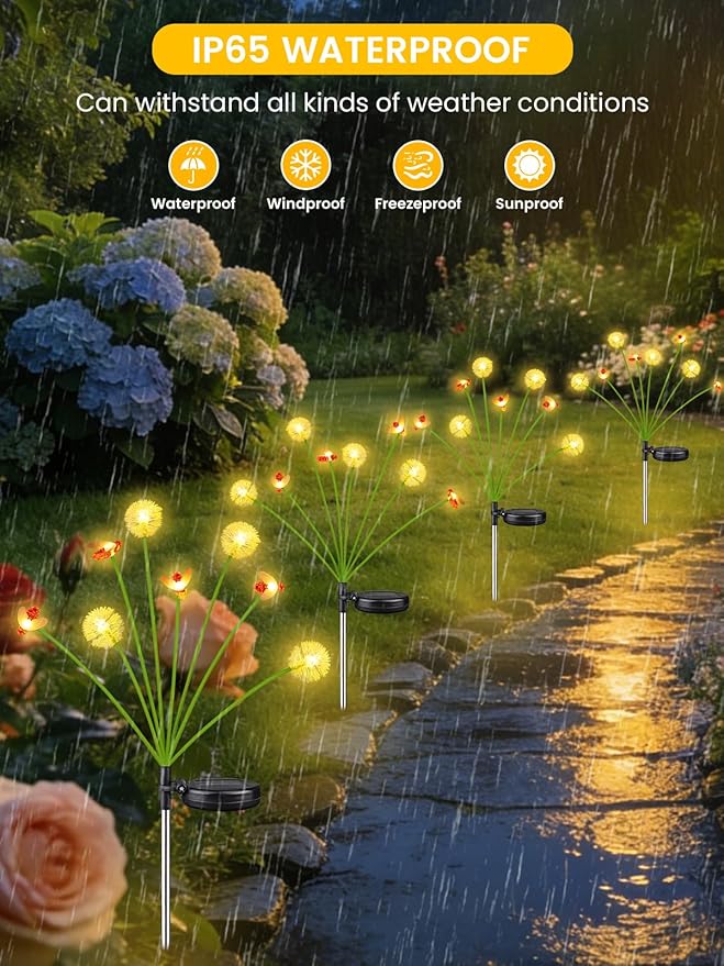 Solar Garden Lights Outdoor ,8 Pack 64 LED, Solar Swaying Dandelion Bee Lights Waterproof, Swaying Firefly Lights for Yard Pathway Lawn Patio Decorations, 2 modes (Steady on, Slow Twinkle), Warm White