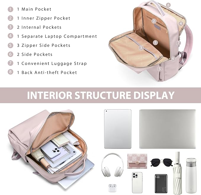 Laptop Backpack for Women, Work Business Traval Computer Backpacks with Laptop Compartment Waterproof Casual Daypack for Travel College,16Inch,Pinkish Grey
