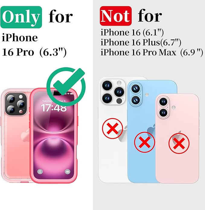 Cozycase for iPhone 16 Pro Case Waterproof - 360 Heavy Duty with Screen/Camera Protector Shockproof IP68 Underwater Dustproof Water Dust Shock Proof Full Body/Front and Back Case Pink/Frosted Clear