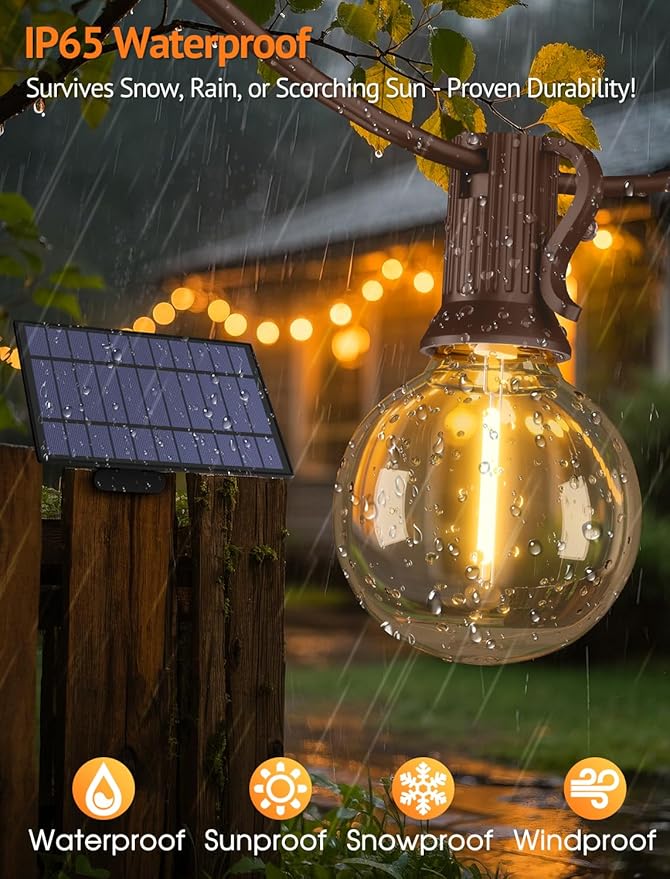 Larkvue 25FT Solar String Lights Outdoor with Remote, Waterproof Dimmable 3 Modes Patio Lights with 10+1 LED Shatterproof G40 Bulbs for Wedding-Brown