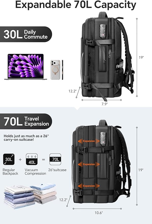Vacuum Backpack Travel, 70L Expandable Carry On Backpack With Compression System, 2 Detachable TPU Vacuum Bags, TSA Lock, Water-Resistant, Fits 16" Laptop for Business & Travel