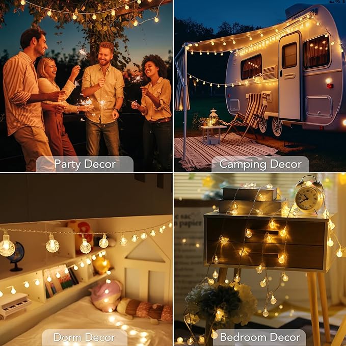 Metaku Globe String Lights Fairy Battery Operated 26ft 60LED with Remote Waterproof Indoor Outdoor Hanging Decorative Christmas for Home Party Patio Garden Wedding