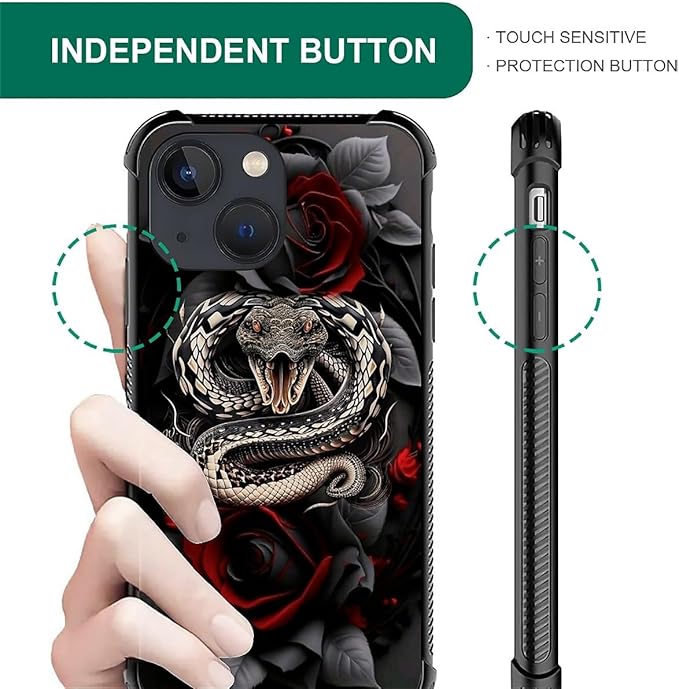 for iPhone 14 Case, Entwined Rose Snake Pattern Graphic Design Girl Boy Soft Silicone Hard Acrylic Shock Protection for iPhone 14