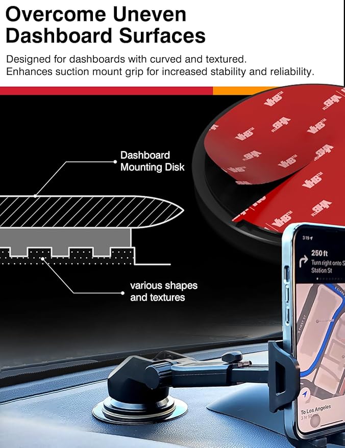 Dashboard Adhesive Mounting Disk Set for Suction Cup Car Mounts – 3.15" (80mm) Flat Surface Pad for Phone Holder & GPS – Strong Hold on Curved Dashboards – Includes 2 Disks & 2 Replacement Pads
