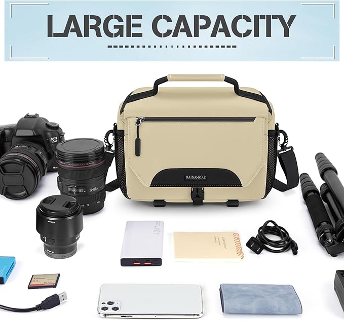 RAINSMORE Camera Bag, DSLR/SLR/Mirrorless Small Camera Sling Bag Waterproof Camera Case with Tripod Holder & Rain Cover Compact Crossbody Camera Bags for Photographers Everyday Shoulder Bags, Khaki