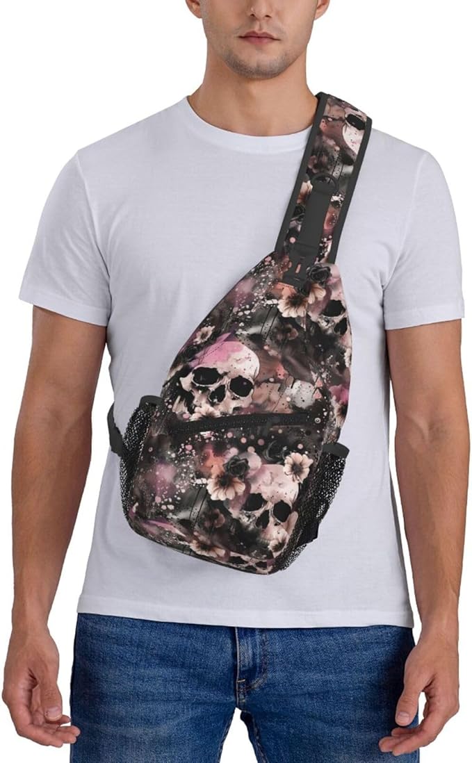 Flowers And Skulls Sling Bag For Women Men Halloween Backpack Crossbody Skull Shoulder Bag Sling Backpack Chest Bag Travel Hiking Casual Sport Daypack