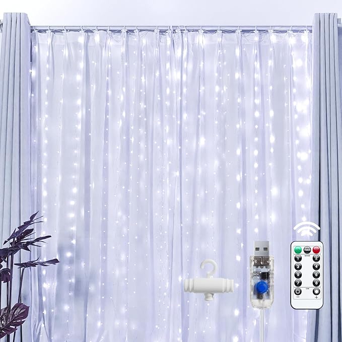 Brightown 300 LED Fairy Curtain Lights, 9.8ft x 9.8ft String Lights, USB Plug in 8 Lighting Modes Christmas String Hanging Lights with Remote for Bedroom Indoor Outdoor Party Xmas White 1 Pack