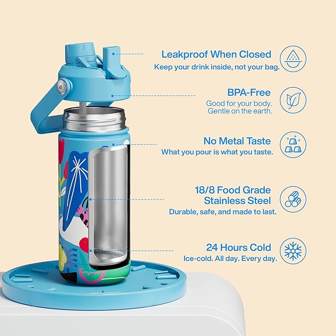 ENCOOL Kids Insualated Water Bottle with Straw,18oz Stainless Steel Water Bottle with Dual Spouts, Leak-Proof,BPA-Free,Double Wall Vacuum Keeps Cold for 24 Hours for Sports,Travel,School (Flower Cat)