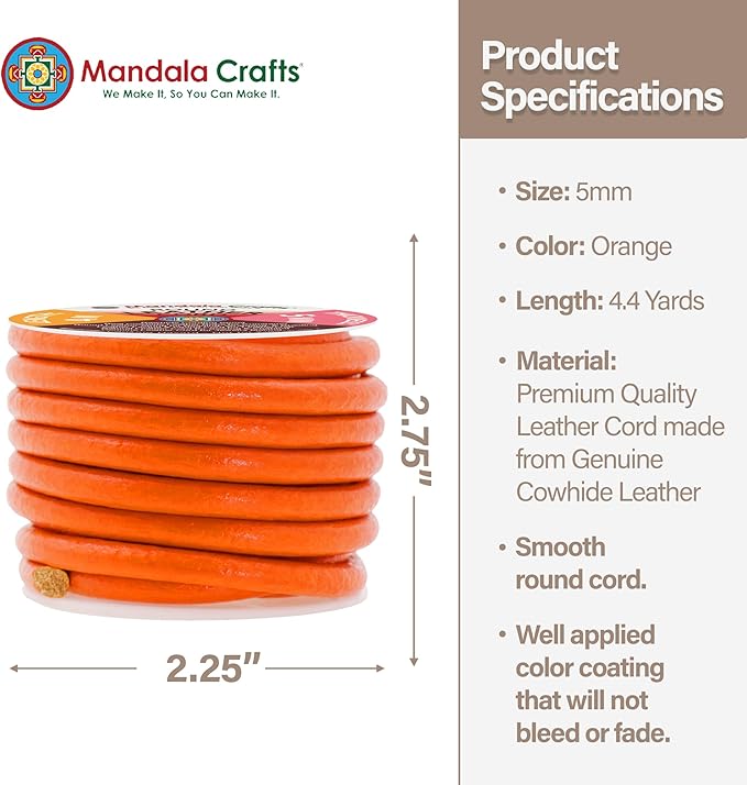 Mandala Crafts Round Genuine Orange Leather Cord for Jewelry Making – 5mm Cowhide Leather Rope String Lace for Kumihimo – 4.4 Yards Cowhide Craft Cording Spool