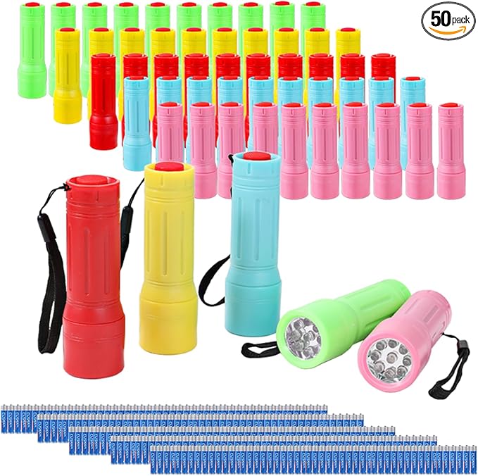 50 Pack 9-LED Mini Flashlight Bulk, Small Multicolor Flashlights with Lanyard, Batteries Included, for Hurricane Supplies, Christmas Gifts Stocking Stuffer
