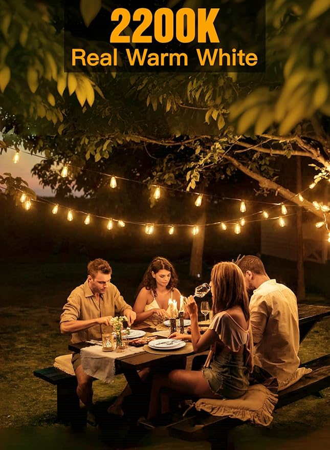 Ollny Outdoor String Lights 30FT, Shatterproof Connectable Patio Lights with 15+1 Spare ST38 Vintage Bulbs, 2200K Warm White Waterproof Outside Hanging Light for Camping Yard Gazebo Porch Balcony