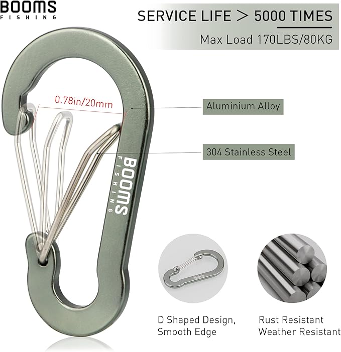Booms Fishing CC5 Multi-Use Carabiner Clips, 10 Pack 2.7" Small Caribeener Clips, Mini Keychain Aluminum Caribeaner Clip