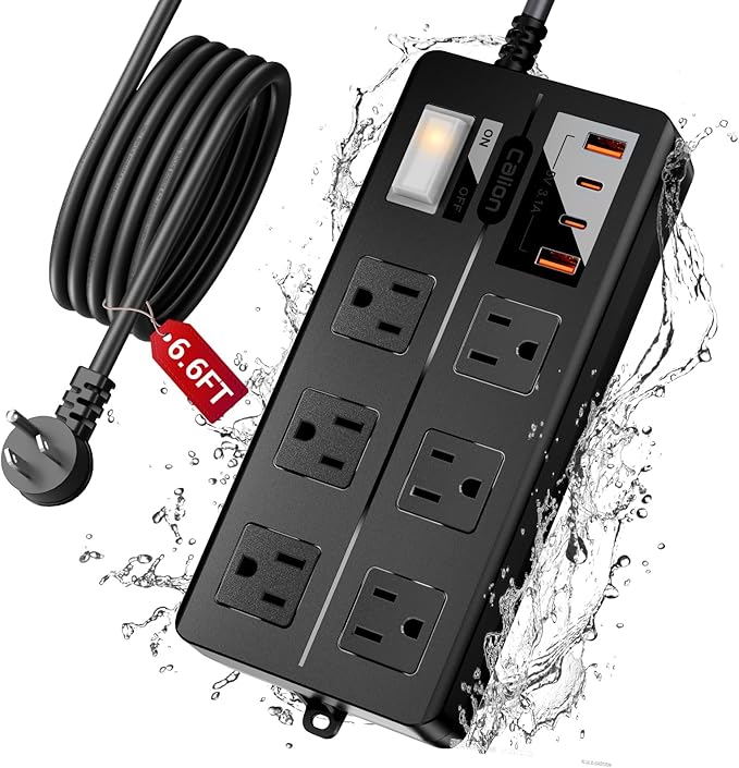 6FT Outdoor Waterproof Power Strip Surge Protector with 6AC Outlets 4USB Ports Power Switch Safety Lock, ETL Certified for Patio Garden Charging