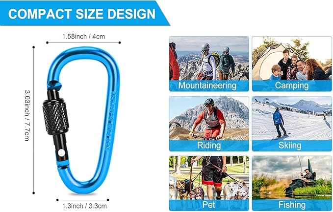 10 Pack Aluminum D Ring Key Rings Hiking Clips Locking Carabiner for Hiking Camping Fishing and Outdoor Use，Clips with Screw Gate Multicolored