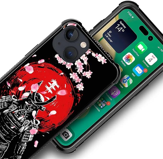 for iPhone 13 Mini Case, Sakura Japanese Samurai Pattern Graphic Design Girl Boy Soft Silicone Hard Acrylic Shock Protection for iPhone 13 Mini