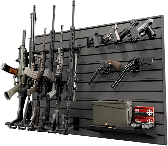 Hold Up Displays Gun Wall Mount Display, Modular Tactical Wall for 6 Pistols and 6 Rifles, Police Gear Rack and Equipment Organizer, Heavy-Duty Aluminum Gunmetal Grey Slatwall Gun Storage System