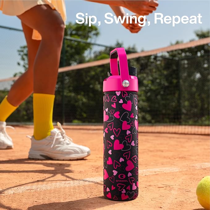 ENCOOL Valentine's Day Insulated Water Bottle with Straw Stainless Steel Water Bottle, Leak-Proof, BPA-Free, Keeps Cold for 24 Hours for Sports, Travel, School (26 oz, Sweet Hearts Pink x Black)