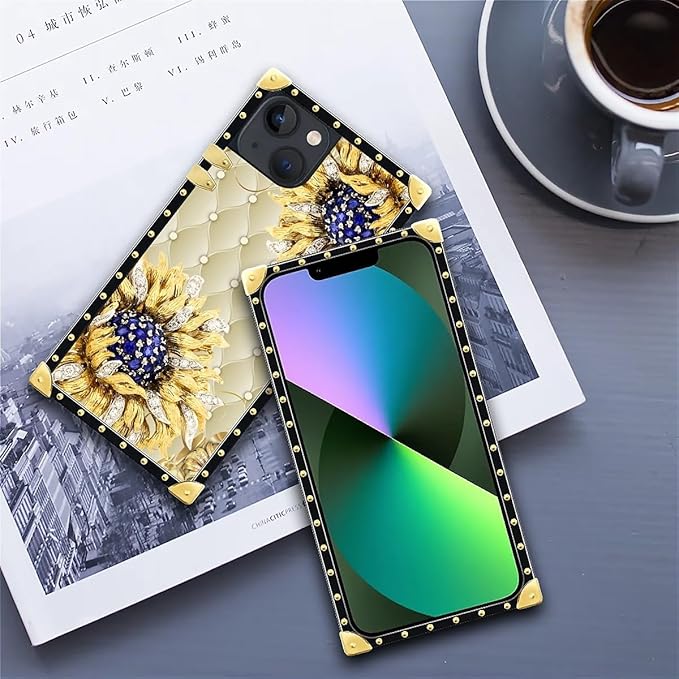 Compatible with iPhone 13 Case, Sunflower Diamonds Leather Luxury Golden Decoration for Girl Women Soft TPU Shockproof Protective Hard PC Back for iPhone 13