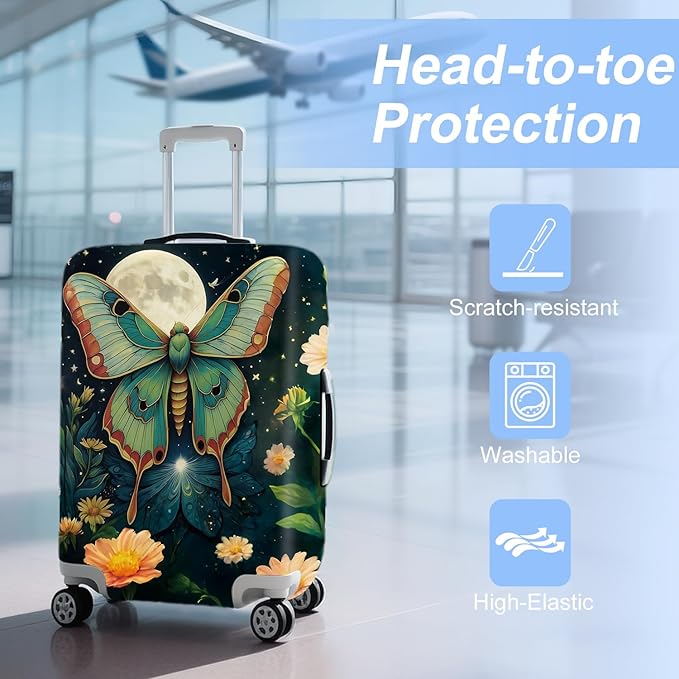 Moonlit Butterfly Flower MothTravel Luggage Cover -Stretchable Airplane Suitcase Protector Sleeve,Universal Washable Fit for 20-22 Inch Checked Baggage,Water Resistant Durable Luggage Protector
