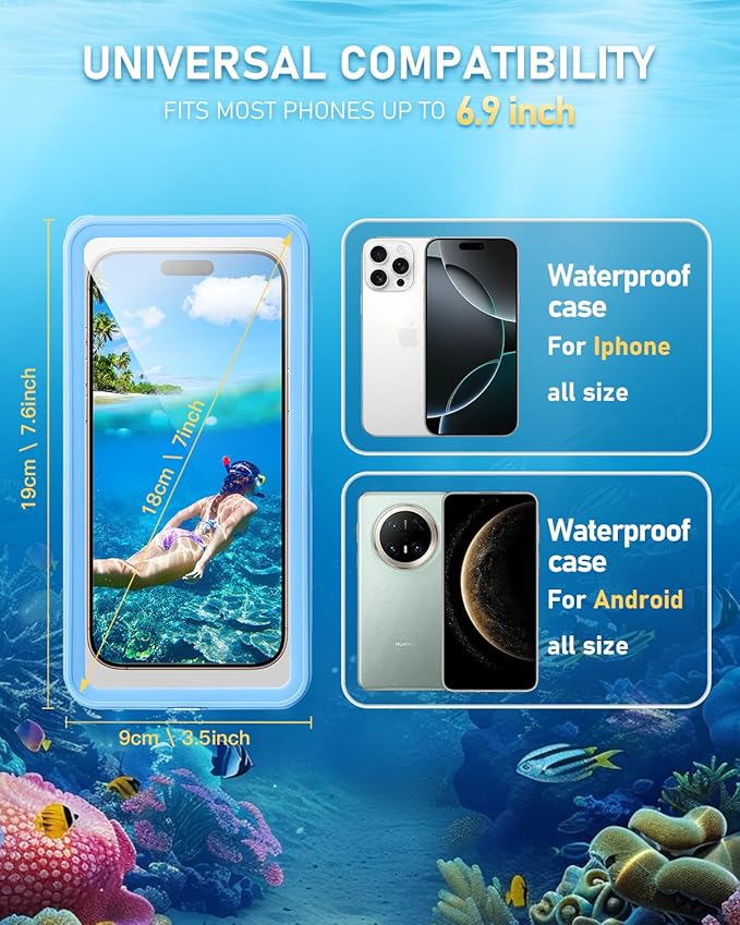 Waterproof Phone Pouch,IPX8 Waterproof Phone Case for Beach & Floating Essentials,Phone Waterproof Pouch with Lanyard, Universal Case Up to 6.9" for iPhone,Samsung (Blue)