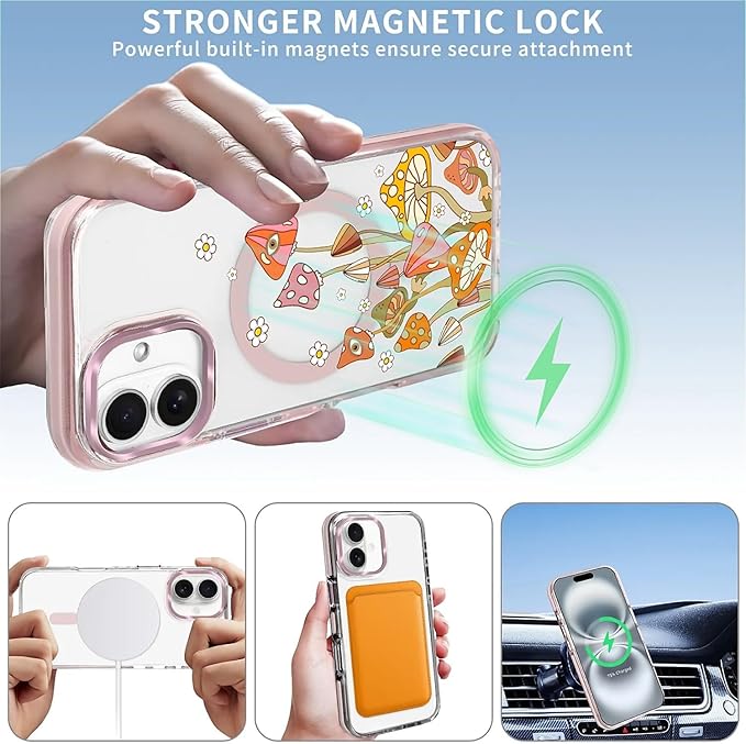Case for iPhone 16,[Compatible with MagSafe],Retro Mushroom Sunflower Phone Case Design，for Women Girls Magnetic Clear Cover - Slim, Sleek, & Shockproof Protection
