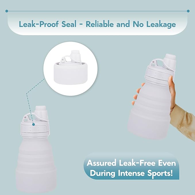 Collapsible Water Bottles 17oz, Odorless BPA-Free Silicone, Leak-Proof Foldable Reusable Bottle - Perfect for Travel Sports Gym Hiking Camping Cycling - Water Gray