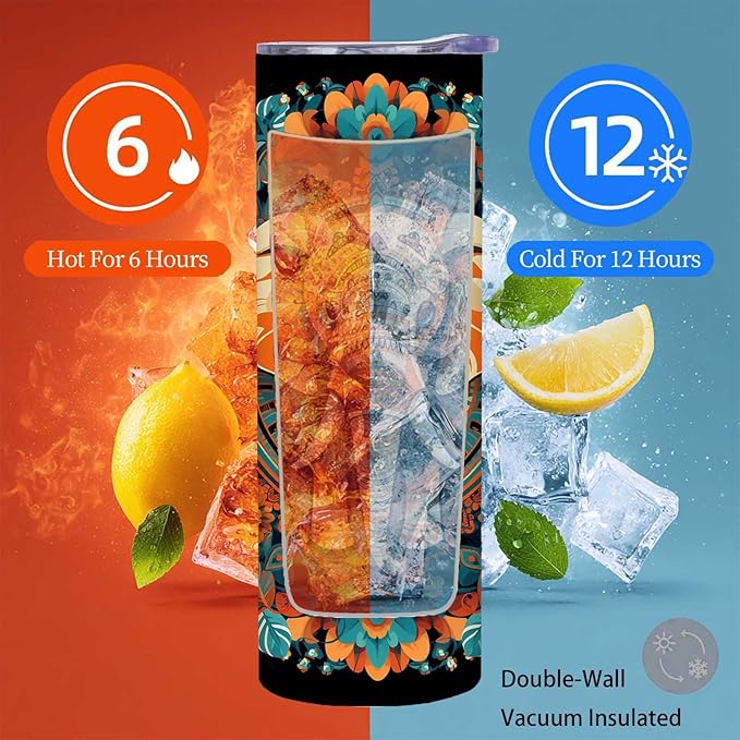 Firmiso 20 oz Tumbler｜Skinny Insulated Travel Mug｜Mandala Elephant Stainless Steel Cup with Lid and Telescopic Straw｜Boho Artistic Drinkware｜Gifts Idea for Women Men