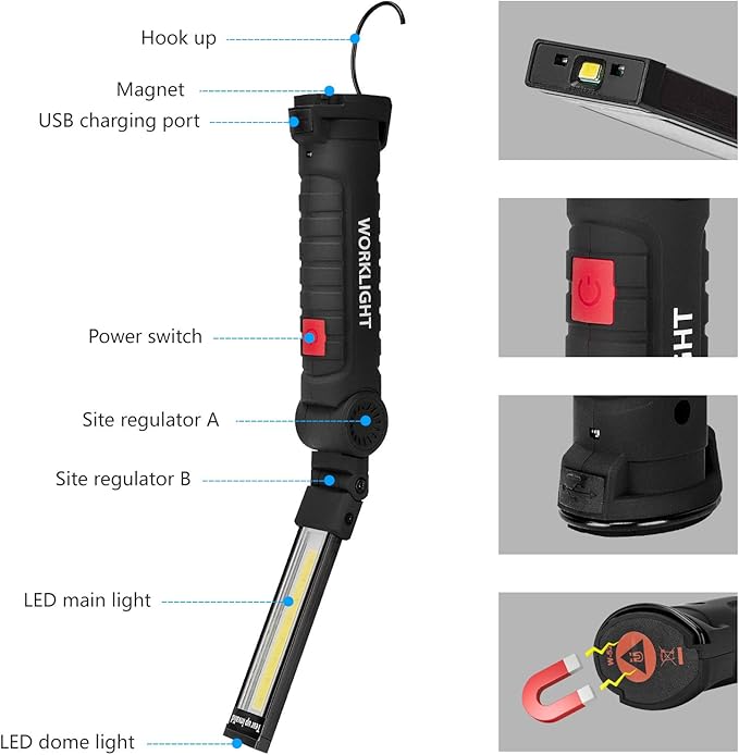 Lmaytech Gifts for Men 4Pack LED Flashlight, Rechargeable Work Lights with Magnetic Base Hook 360°Rotate and 5 Modes Bright LED Flashlight Inspection Light for Car Repair, Grill and Outdoor Use