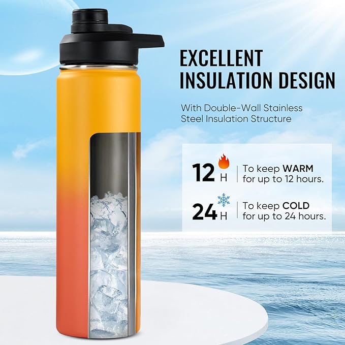 Fijinhom 24 oz Insulated Water Bottle with Handle, 304 Stainless Steel Water Bottles with Wide Mouth, Double Wall Vacuum Sports Water Bottle, BPA Free, Keep Cold and Hot, Yellow&Orange