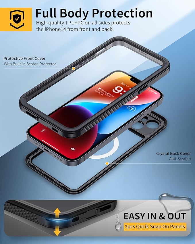 Lanhiem for iPhone 14 Magnetic Case, Waterproof Dustproof Shockproof Case with Built-in Screen Protector Compatible with Magsafe, Full Body Protective Cover for iPhone 14 6.1 inch -Black