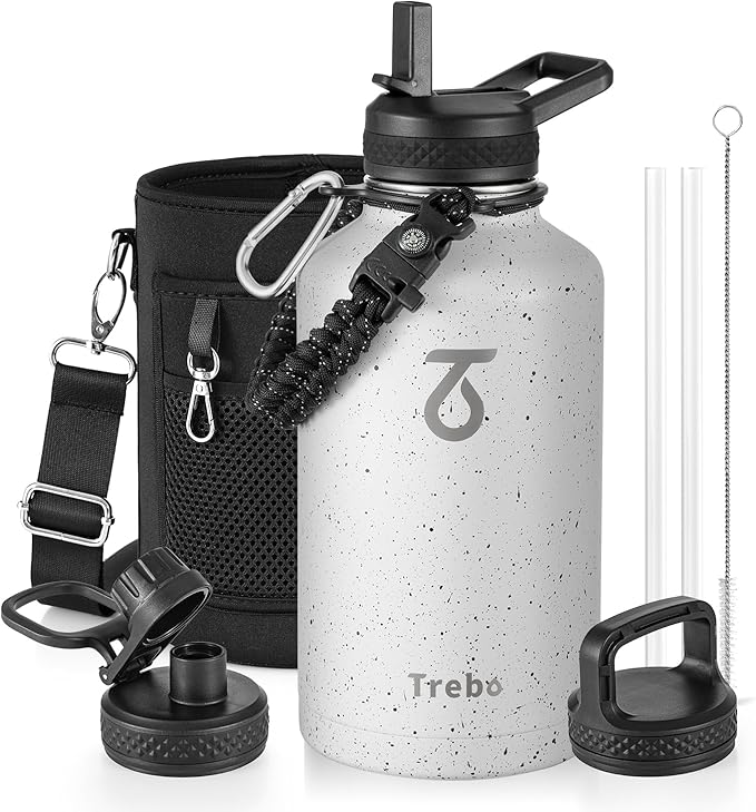 Trebo Water Bottle 64oz with Paracord Handle, Half Gallon Large Vacuum Triple Wall Stainless Steel Insulated Water Jug with Holder Strap Straw Spout Lids, Leakproof Keep Cold & Hot,Starry White