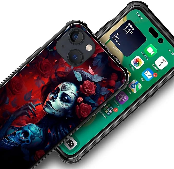 for iPhone 14 Case, Skull Lady Rose Pattern Graphic Design Girl Boy Soft Silicone Hard Acrylic Shock Protection for iPhone 14