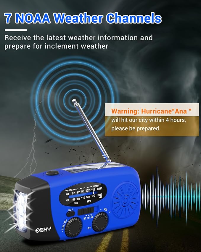 Esky Emergency Hand Crank Radio with 3 LED Flashlight, AM/FM/NOAA Portable Weather Radio with 2000mAh Rechargeable Battery, Solar Powered USB Charged Radio for Indoor Outdoor Camping, Blue