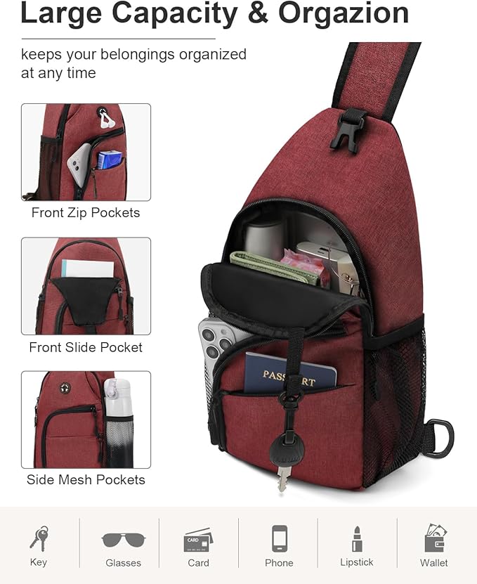 Pritent Crossbody Bags for Women Man Waterproof Sling Bag Backpack Trendy Casual Cross Body Bag with Convertible Shoulder Strap Chest Bag for Camping Hiking Travel Essentials (Wine, Medium)