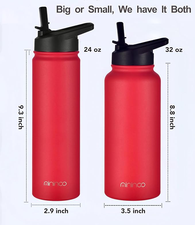 mininoo 24 oz Insulated Water Bottle with Straw Lid, Stainless Steel Double Wall Vacuum, Leak Proof, BPA Free, Keep Cold for 24H & Hot for 12H-2 pack(Red)
