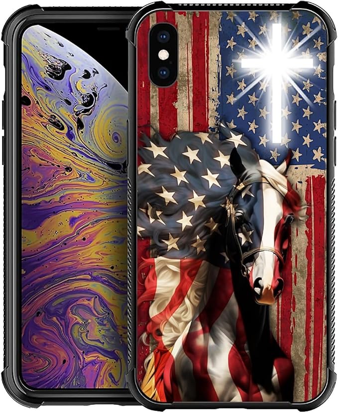 for iPhone Xs Max Case, Red American Flag Horse Cross Pattern Graphic Design Girl Boy Soft Silicone Hard Acrylic Shock Protection for iPhone Xs Max