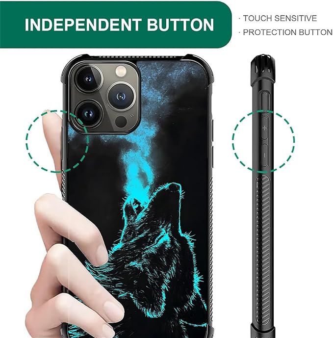 for iPhone 15 Pro Max Case, Blue Breathing Wolf Pattern Graphic Design Girl Boy Soft Silicone Hard Acrylic Shock Protection for iPhone 15 Pro Max