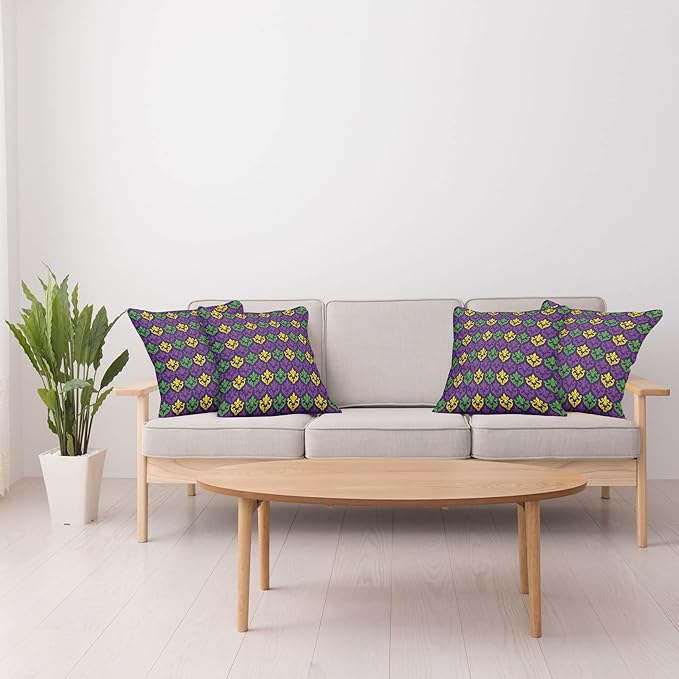Ambesonne Mardi Gras Decorative Throw Pillow Case Pack of 4, Antique Old Fashioned Motifs in Mardi Gras Holiday Colors Tile Pattern, Cushion Cover for Couch Living Room Car, 18", Yellow Purple