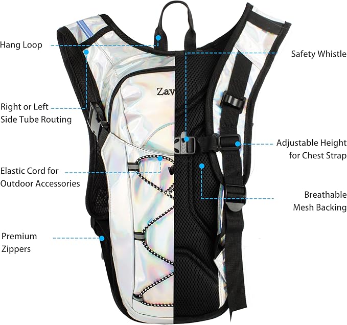 Reflective Hydration Backpack, Hydration Pack - Water Backpack with 2L Hydration Bladder, Essential for Festivals - Rave Hydration Pack for Hiking, Running, Cycling, and Festivals