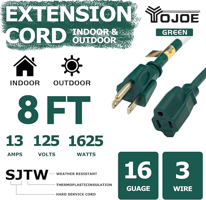 YOJOE Indoor Outdoor Extension Cord, 3 Prong 13A Weatherproof Power Cord, 16 Gauge Heavy Duty 8 ft Green Extension Cord for Garage, Garden and Home, 16/3 SJTW UL Listed